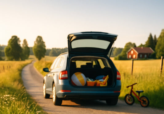 En familjebil parkerad på en sommarväg med öppen baklucka fylld med leksaker och strandprylar – symboliserar semester med barn