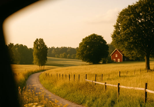 Vy från bilfönstret över en svensk grusväg, åkrar och en röd stuga – somrig landsbygd under familjesemester